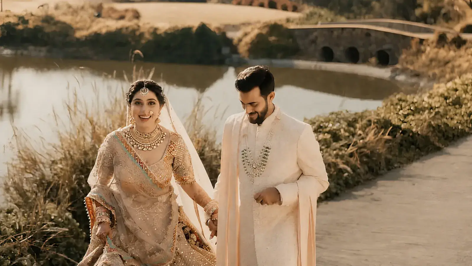 Indian bride and groom walking together at a destination wedding